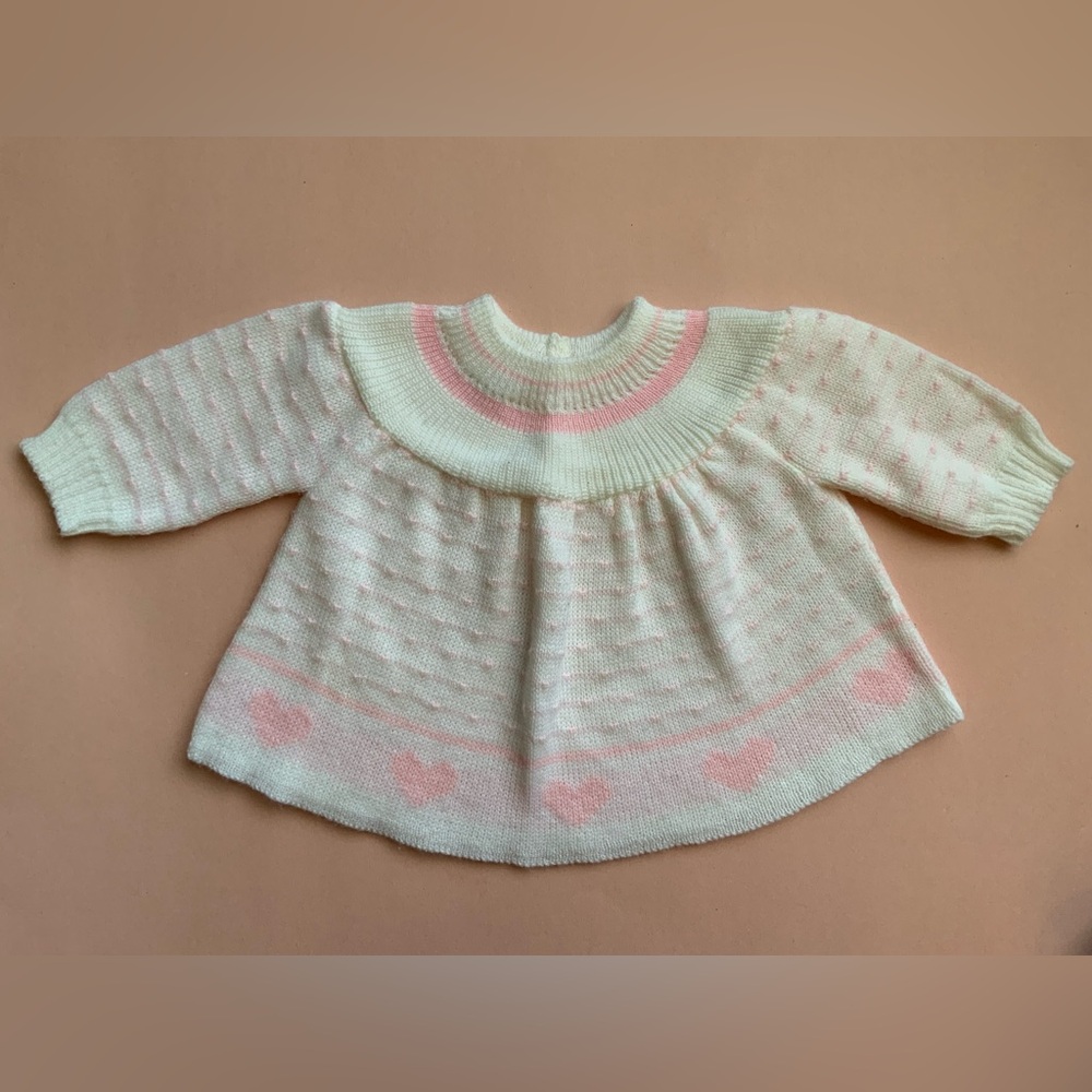 Vintage Little Wonders White Knit Baby Dress with Heart Print